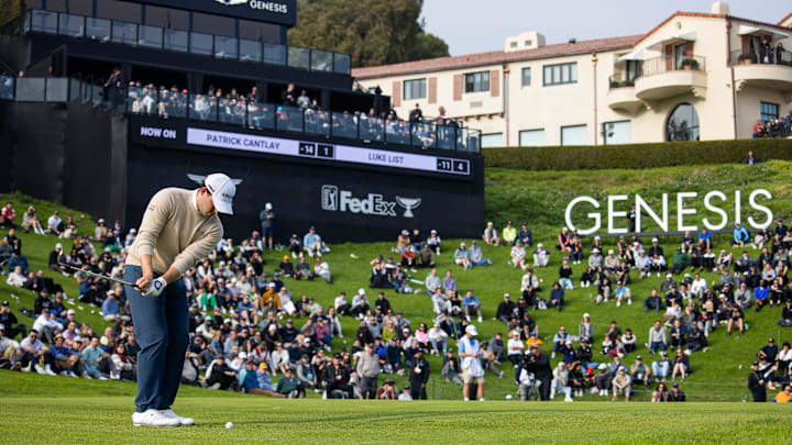 The amphitheatre at Riviera's 18th green is a popular vantage point. The amphitheatre at Riviera's 18th green is a popular vantage point.