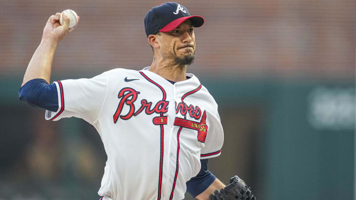 Aug 23, 2023; Cumberland, Georgia, USA; Atlanta Braves starting pitcher Charlie Morton (50) pitches