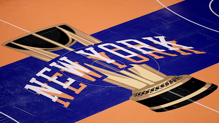 Nov 24, 2023; New York, New York, USA; General view of the in-season tournament court logo during warmups before a game between the New York Knicks and the Miami Heat at Madison Square Garden. Mandatory Credit: Brad Penner-Imagn Images