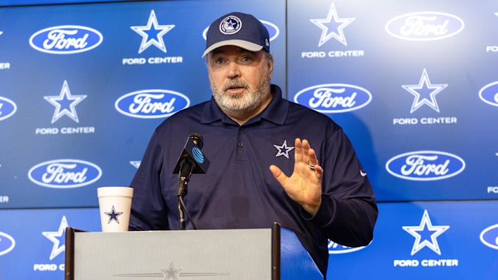 Jun 4, 2024; Frisco, TX, USA;  Dallas Cowboys head coach Mike McCarthy addresses the media before practice at the Ford Center at the Star Training Facility in Frisco, Texas. Mandatory Credit: Tim Heitman-USA TODAY Sports