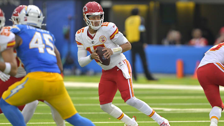Sep 29, 2024; Inglewood, California, USA;  Kansas City Chiefs quarterback Patrick Mahomes (15) gets set to throw a touchdown pass in the first half against the Los Angeles Chargers at SoFi Stadium. Mandatory Credit: Jayne Kamin-Oncea-Imagn Images