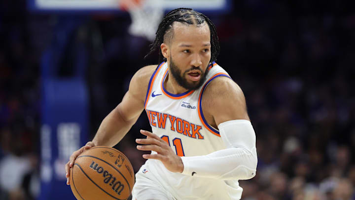 Feb 11, 2026; Philadelphia, Pennsylvania, USA; New York Knicks guard Jalen Brunson (11) drives against the Philadelphia 76ers during the first half at Xfinity Mobile Arena. Mandatory Credit: Bill Streicher-Imagn Images