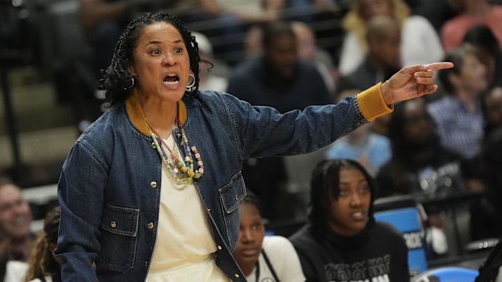 Mar 28, 2025; Birmingham, AL, USA; South Carolina Gamecocks coach Dawn Staley gives directions to her team during the game against the Maryland Terrapins at Legacy Arena. Mandatory Credit: Gary Cosby Jr.-USA Today Network via Imagn Images Mar 28, 2025; Birmingham, AL, USA; South Carolina Gamecocks coach Dawn Staley gives directions to her team during the game against the Maryland Terrapins at Legacy Arena. Mandatory Credit: Gary Cosby Jr.-USA Today Network via Imagn Images