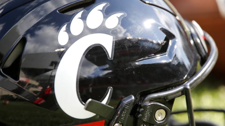 Oct 3, 2020; Cincinnati, OH, USA; Cincinnati Bearcats helmet during the game between the Cincinnati Bearcats and the South Florida Bulls at Nippert Stadium. Mandatory Credit: Joseph Maiorana-USA TODAY Sports