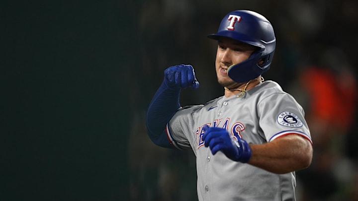 Apr 23, 2025; West Sacramento, California, USA; Texas Rangers left fielder Wyatt Langford (36) reacts after hitting a home run against the Athletics in the fourth inning at Sutter Health Park. Mandatory Credit: Cary Edmondson-Imagn Images