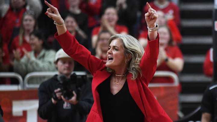 Texas Tech women's basketball coach Krista Gerlich reacts after a win over TCU in a Big 12 game Sunday, Feb. 1, 2026, at United Supermarkets Arena. Texas Tech women's basketball coach Krista Gerlich reacts after a win over TCU in a Big 12 game Sunday, Feb. 1, 2026, at United Supermarkets Arena.