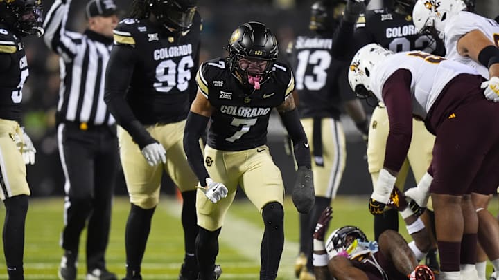 Nov 22, 2025; Boulder, Colorado, USA; Colorado Buffaloes defensive back Tawfiq Byard (7) reacts in the first quarter against the Arizona State Sun Devils at Folsom Field. Mandatory Credit: Ron Chenoy-Imagn Images