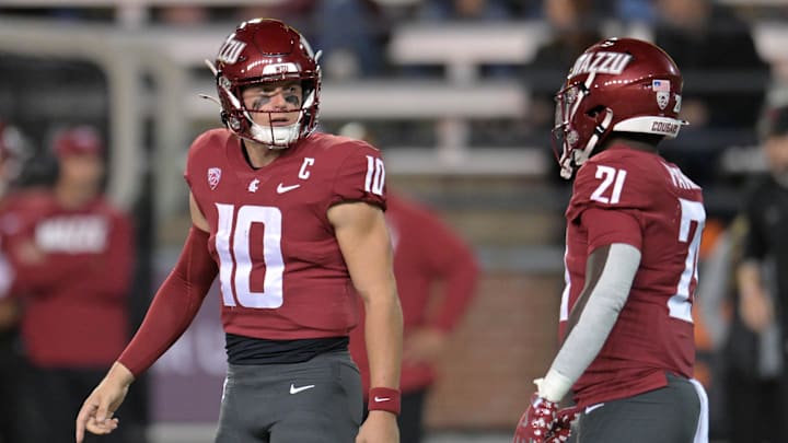 Sep 20, 2024; Pullman, Washington, USA; Washington State Cougars quarterback John Mateer (10) lines up for a play against the San Jose State Spartans in the first half at Gesa Field at Martin Stadium. Mandatory Credit: James Snook-Imagn Images