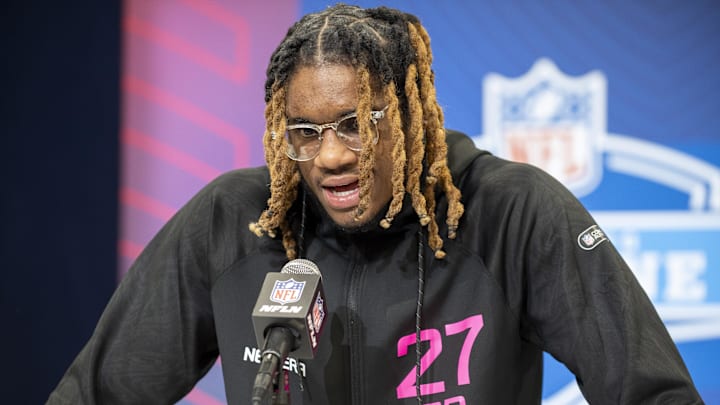 Feb 27, 2025; Indianapolis, IN, USA; East Carolina defensive back Shavon Revel (DB27) during the 2025 NFL Combine at Lucas Oil Stadium. Mandatory Credit: Tanner Pearson-Imagn Images