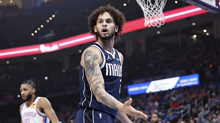 Mar 14, 2024; Oklahoma City, Oklahoma, USA; Dallas Mavericks center Dereck Lively II (2) reacts to
