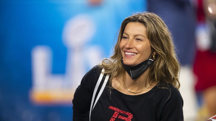 Gisele Bundchen , ex-wife of Tampa Bay Buccaneers quarterback Tom Brady (not pictured) celebrates after defeating the Kansas City Chiefs in Super Bowl LV at Raymond James Stadium.