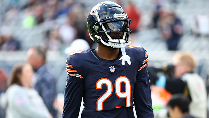 Nov 10, 2024; Chicago, Illinois, USA;Chicago Bears cornerback Tyrique Stevenson (29) practices before the game against the New England Patriots at Soldier Field.