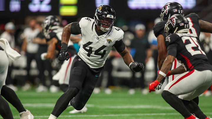 Aug 23, 2024; Atlanta, Georgia, USA; Jacksonville Jaguars defensive end Travon Walker (44) rushes the passer against the Atlanta Falcons in the first quarter at Mercedes-Benz Stadium. Mandatory Credit: Brett Davis-Imagn Images