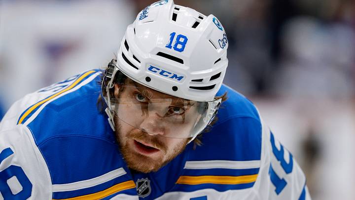 Dec 31, 2025; Denver, Colorado, USA; St. Louis Blues center Robert Thomas (18) in the third period against the Colorado Avalanche at Ball Arena. Mandatory Credit: Isaiah J. Downing-Imagn Images