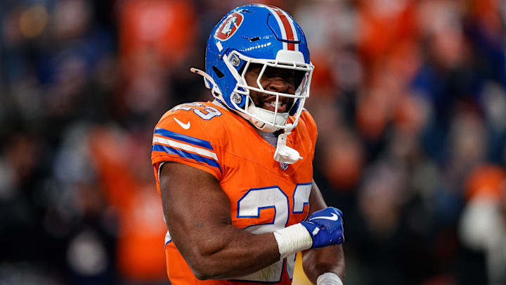 Jan 5, 2025; Denver, Colorado, USA; Denver Broncos running back Audric Estime (23) celebrates after a touchdown in the fourth quarter against the Kansas City Chiefs at Empower Field at Mile High. 