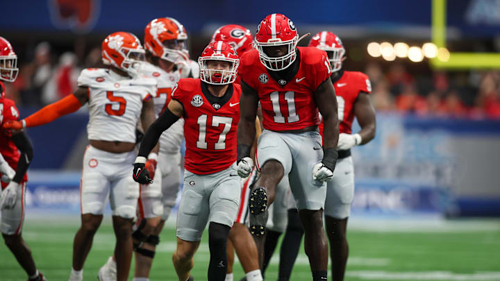 Aug 31, 2024; Atlanta, Georgia, USA; Georgia Bulldogs linebacker Jalon Walker (11) reacts after a tackle against the Clemson Tigers in the third quarter at Mercedes-Benz Stadium. Mandatory Credit: Brett Davis-Imagn Images
