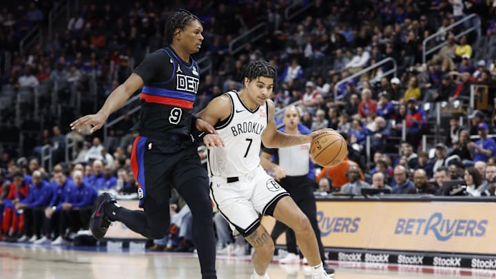 Mar 1, 2025; Detroit, Michigan, USA; Brooklyn Nets guard Killian Hayes (7) dribbles against Detroit Pistons forward Ausar Thompson (9) in the first half at Little Caesars Arena. Mandatory Credit: Rick Osentoski-Imagn Images Mar 1, 2025; Detroit, Michigan, USA; Brooklyn Nets guard Killian Hayes (7) dribbles against Detroit Pistons forward Ausar Thompson (9) in the first half at Little Caesars Arena. Mandatory Credit: Rick Osentoski-Imagn Images
