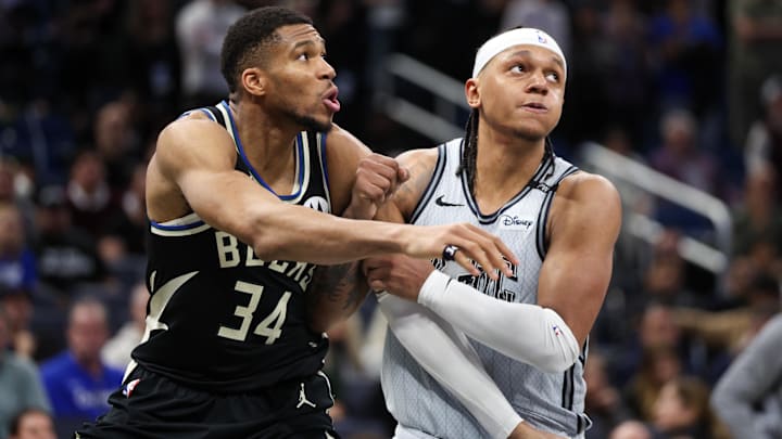 Milwaukee Bucks forward Giannis Antetokounmpo and Orlando Magic forward Paolo Banchero are elite scorers who could be swapped for one another under the right circumstances. Milwaukee Bucks forward Giannis Antetokounmpo and Orlando Magic forward Paolo Banchero are elite scorers who could be swapped for one another under the right circumstances.