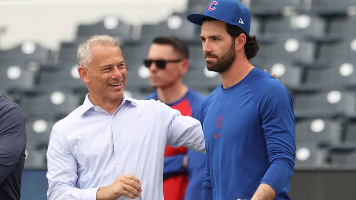 May 27, 2026; Pittsburgh, Pennsylvania, USA;  Chicago Cubs president of baseball operations Jed Hoyer (left) talks with shortstop Dansby Swanson (right) before the game against the Pittsburgh Pirates at PNC Park. Mandatory Credit: Charles LeClaire-Imagn Images