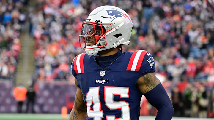Dec 17, 2023; Foxborough, Massachusetts, USA; New England Patriots linebacker Chris Board (45) returns to the bench during the first half against the Kansas City Chiefs at Gillette Stadium. Mandatory Credit: Eric Canha-Imagn Images Dec 17, 2023; Foxborough, Massachusetts, USA; New England Patriots linebacker Chris Board (45) returns to the bench during the first half against the Kansas City Chiefs at Gillette Stadium. Mandatory Credit: Eric Canha-Imagn Images