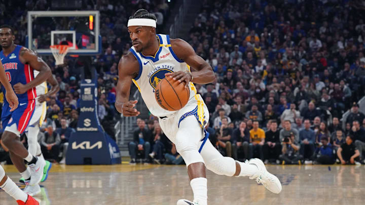 Mar 8, 2025; San Francisco, California, USA;  Golden State Warriors forward Jimmy Butler III (10) drives to the basket against the Detroit Pistons in the first quarter at Chase Center. Mandatory Credit: David Gonzales-Imagn Images