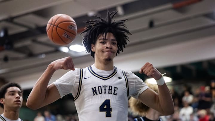 Jan 4, 2025; Gilbert, AZ, USA; Notre Dame High School (CA) forward Tyran Stokes (4) flexes as he celebrates a shot against Sandra Day O'Connor (AZ) during the Hoophall West High School Invitational at Highland High School. Mandatory Credit: Mark J. Rebilas-Imagn Images Jan 4, 2025; Gilbert, AZ, USA; Notre Dame High School (CA) forward Tyran Stokes (4) flexes as he celebrates a shot against Sandra Day O'Connor (AZ) during the Hoophall West High School Invitational at Highland High School. Mandatory Credit: Mark J. Rebilas-Imagn Images