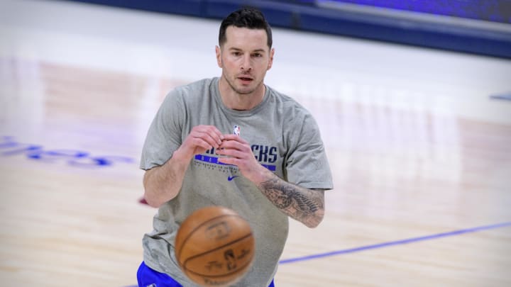 Apr 12, 2021; Dallas, Texas, USA; Dallas Mavericks guard JJ Redick (17) warms up before the game against the Philadelphia 76ers at the American Airlines Center. Mandatory Credit: Jerome Miron-USA TODAY Sports