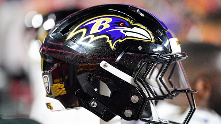 Sep 5, 2024; Kansas City, Missouri, USA; A general view of a Baltimore Ravens helmet against the Kansas City Chiefs during the first half at GEHA Field at Arrowhead Stadium. Mandatory Credit: Denny Medley-Imagn Images