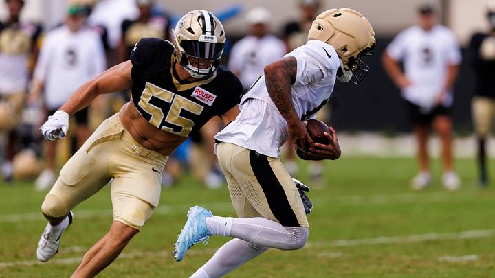 Aug 08, 2026; Metairie, LA, USA; New Orleans Saints wide receiver Jordyn Tyson (0) catches a pass against linebacker Kaden Elliss (55) during training camp at Ochsner Sports Performance Center. Mandatory Credit: Stephen Lew-Imagn Images Aug 08, 2026; Metairie, LA, USA; New Orleans Saints wide receiver Jordyn Tyson (0) catches a pass against linebacker Kaden Elliss (55) during training camp at Ochsner Sports Performance Center. Mandatory Credit: Stephen Lew-Imagn Images