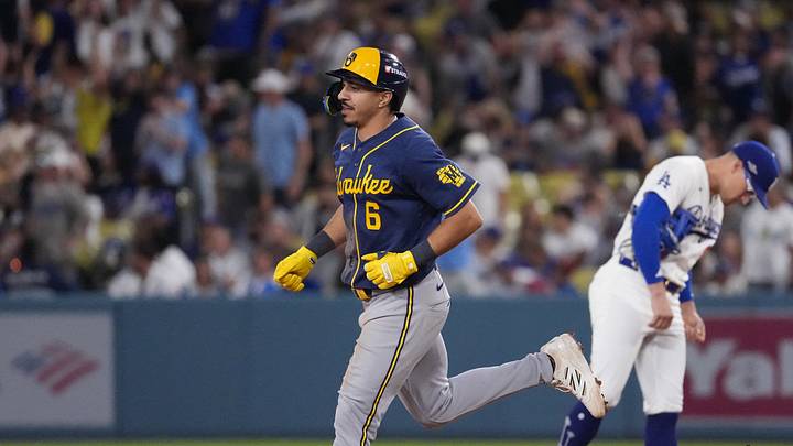 Oct 15, 2026; Los Angeles, California, USA; Milwaukee Brewers third baseman David Hamilton (6) rounds the bases after hitting a home run during the ninth inning against the Los Angeles Dodgers in game four of the NLCS for the 2026 MLB Playoffs at Uniqlo Field at Dodger Stadium. Mandatory Credit: Kirby Lee-Imagn Images Oct 15, 2026; Los Angeles, California, USA; Milwaukee Brewers third baseman David Hamilton (6) rounds the bases after hitting a home run during the ninth inning against the Los Angeles Dodgers in game four of the NLCS for the 2026 MLB Playoffs at Uniqlo Field at Dodger Stadium. Mandatory Credit: Kirby Lee-Imagn Images