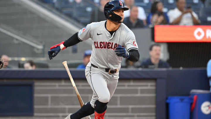 Jun 14, 2024; Toronto, Ontario, CAN; Cleveland Guardians second baseman Andres Gimenez (0) hits an RBI single against the Toronto Blue Jays in the fifth inning at Rogers Centre. Mandatory Credit: Dan Hamilton-USA TODAY Sports Jun 14, 2024; Toronto, Ontario, CAN; Cleveland Guardians second baseman Andres Gimenez (0) hits an RBI single against the Toronto Blue Jays in the fifth inning at Rogers Centre. Mandatory Credit: Dan Hamilton-USA TODAY Sports