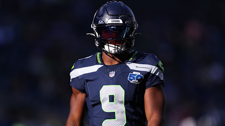 Nov 9, 2025; Seattle, Washington, USA; Seattle Seahawks running back Kenneth Walker III (9) looks on before the game against the Arizona Cardinals at Lumen Field. Nov 9, 2025; Seattle, Washington, USA; Seattle Seahawks running back Kenneth Walker III (9) looks on before the game against the Arizona Cardinals at Lumen Field.