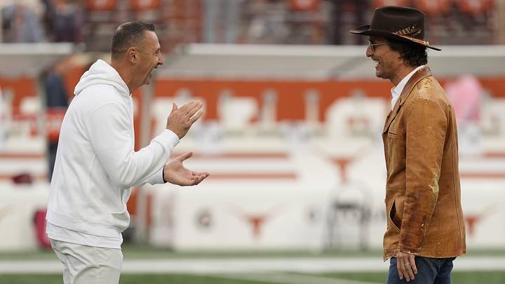 Nov 1, 2025; Austin, Texas, USA; Texas Longhorns head coach Steve Sarkisian with actor Matthew McConaughey