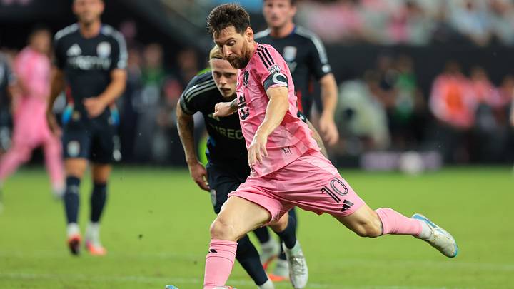 Sep 20, 2026; Miami, Florida, USA; Inter Miami CF forward Lionel Messi (10) shoots the ball against San Diego FC during the first half at Miami Freedom Park
