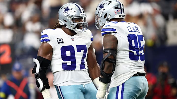 Dallas Cowboys DT Osa Odighizuwa celebrates with Kenny Clark after a play against the New York Giants.