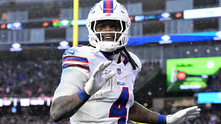 Buffalo Bills running back James Cook III reacts after scoring a touchdown against the New England Patriots.