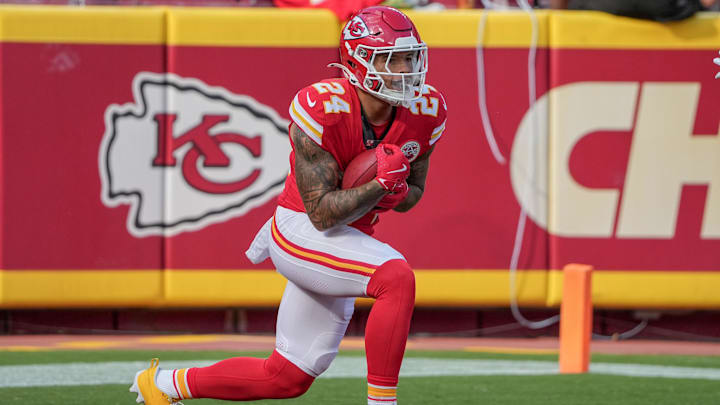 Sep 15, 2024; Kansas City, Missouri, USA; Kansas City Chiefs wide receiver Skyy Moore (24) catches a kick against the Cincinnati Bengals during the game at GEHA Field at Arrowhead Stadium. Mandatory Credit: Denny Medley-Imagn Images