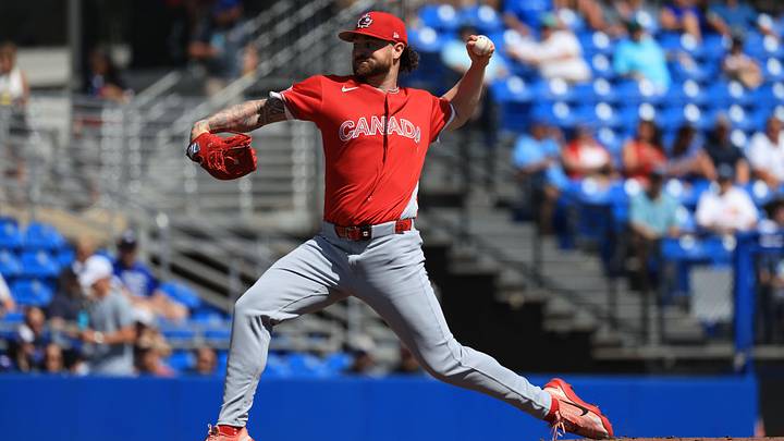 Canada starting pitcher Logan Allen (22) throws a pitch during the first inning against the Toronto Blue Jays at TD Ballpark. Mandatory Credit on March 3, 2026.