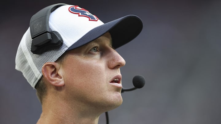 Aug 24, 2024; Houston, Texas, USA; Houston Texans offensive coordinator Bobby Slowik during the game against the Los Angeles Rams at NRG Stadium. Mandatory Credit: Troy Taormina-Imagn Images