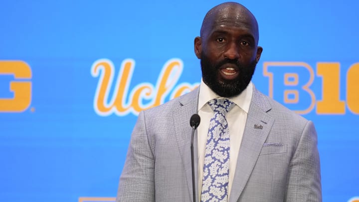 Jul 24, 2025; Las Vegas, NV, USA; UCLA head coach DeShaun Foster speaks to the media during the Big Ten NCAA college football media days at Mandalay Bay Resort. Mandatory Credit: Lucas Peltier-Imagn Images