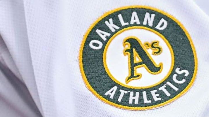 The logo of the Oakland Athletics is seen on the jersey in 2021.