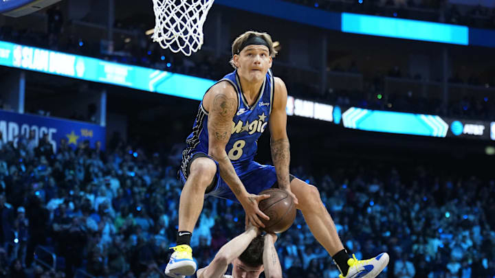 Feb 15, 2025; San Francisco, CA, USA; Osceola Magic guard Mac McClung (0) competes in the slam dunk competition during All Star Saturday Night ahead of the 2025 NBA All Star Game at Chase Center. Mandatory Credit: Kyle Terada-Imagn Images