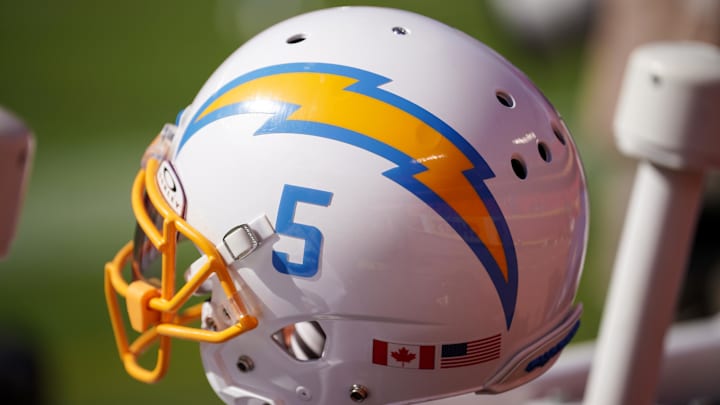 Oct 22, 2023; Kansas City, Missouri, USA; A general view of a Los Angeles Chargers helmet against the Kansas City Chiefs during the first half at GEHA Field at Arrowhead Stadium. Mandatory Credit: Denny Medley-Imagn Images