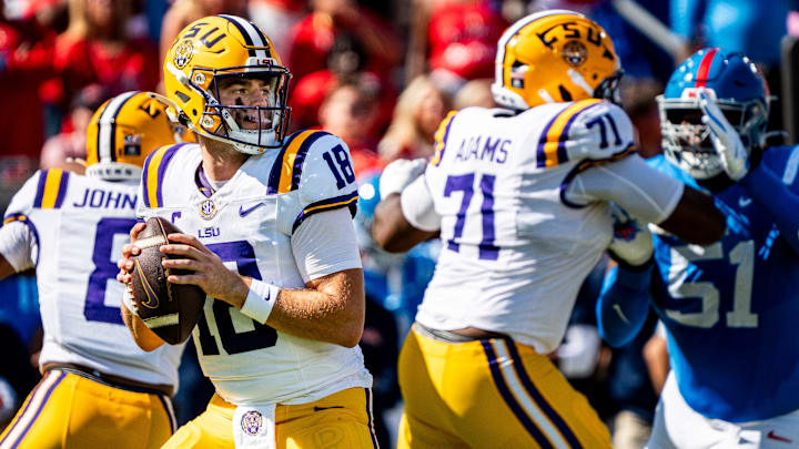 LSU quarterback Garrett Nussmeier (18) passes the ball during a college football game between Ole Miss and LSU at Vaught-Hemingway Stadium in Oxford, Miss., on Saturday, Sept. 27, 2025.