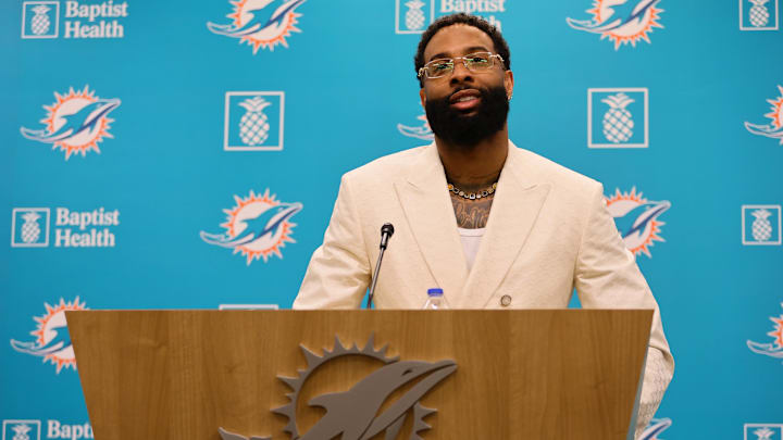 Miami Dolphins wide receiver Odell Beckham Jr. speaks to the media during an introductory press conference at Baptist Health Training Complex.