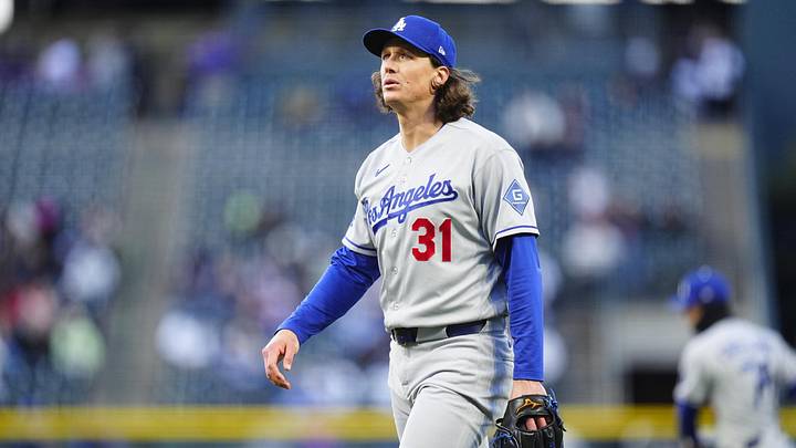 Apr 17, 2026; Denver, Colorado, USA; Los Angeles Dodgers starting pitcher Tyler Glasnow (31) walks off the mound in the first inning against the Colorado Rockies at Coors Field. Mandatory Credit: Ron Chenoy-Imagn Images
