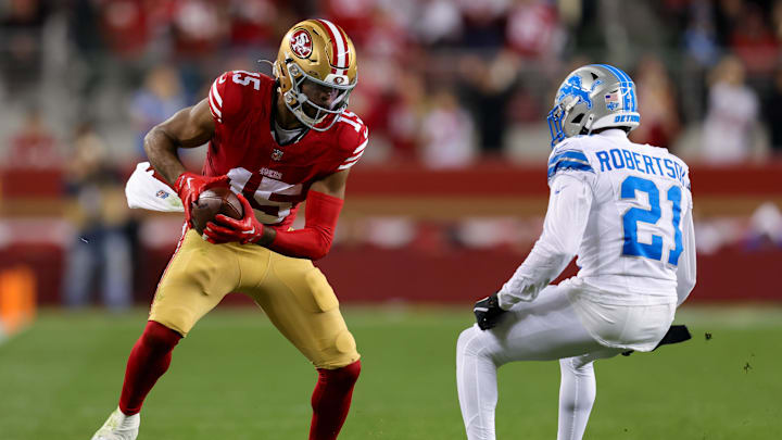 Dec 30, 2024; Santa Clara, California, USA; San Francisco 49ers wide receiver Jauan Jennings (15) during the game against the Detroit Lions at Levi's Stadium. Mandatory Credit: Sergio Estrada-Imagn Images Dec 30, 2024; Santa Clara, California, USA; San Francisco 49ers wide receiver Jauan Jennings (15) during the game against the Detroit Lions at Levi's Stadium. Mandatory Credit: Sergio Estrada-Imagn Images