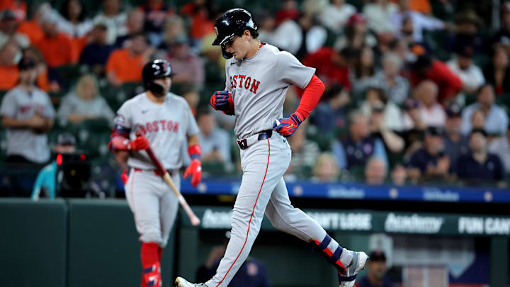 Apr 1, 2026; Houston, Texas, USA; Boston Red Sox pinch hitter Roman Anthony (19) crosses home plate after hitting a home run against the Houston Astros during the ninth inning at Daikin Park. Mandatory Credit: Erik Williams-Imagn Images