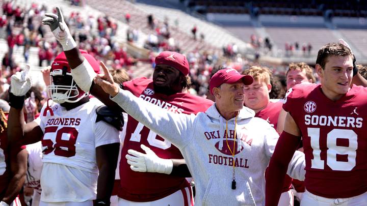 Oklahoma head football coach Brent Venables sings the Alma mater following the University of Oklahoma Sooners Spring Game at the Gaylord Family - Oklahoma Memorial Stadium in Norman, Okla., Saturday April 18, 2026. Oklahoma head football coach Brent Venables sings the Alma mater following the University of Oklahoma Sooners Spring Game at the Gaylord Family - Oklahoma Memorial Stadium in Norman, Okla., Saturday April 18, 2026.