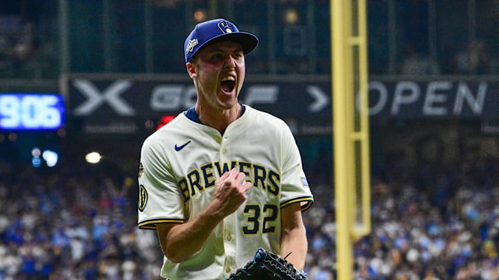 Oct 6, 2025; Milwaukee, Wisconsin, USA; Milwaukee Brewers pitcher Jacob Misiorowski (32) celebrates after retiring the side during the third inning against the Chicago Cubs during game two of the NLDS round for the 2025 MLB playoffs at American Family Field. Mandatory Credit: Benny Sieu-Imagn Images